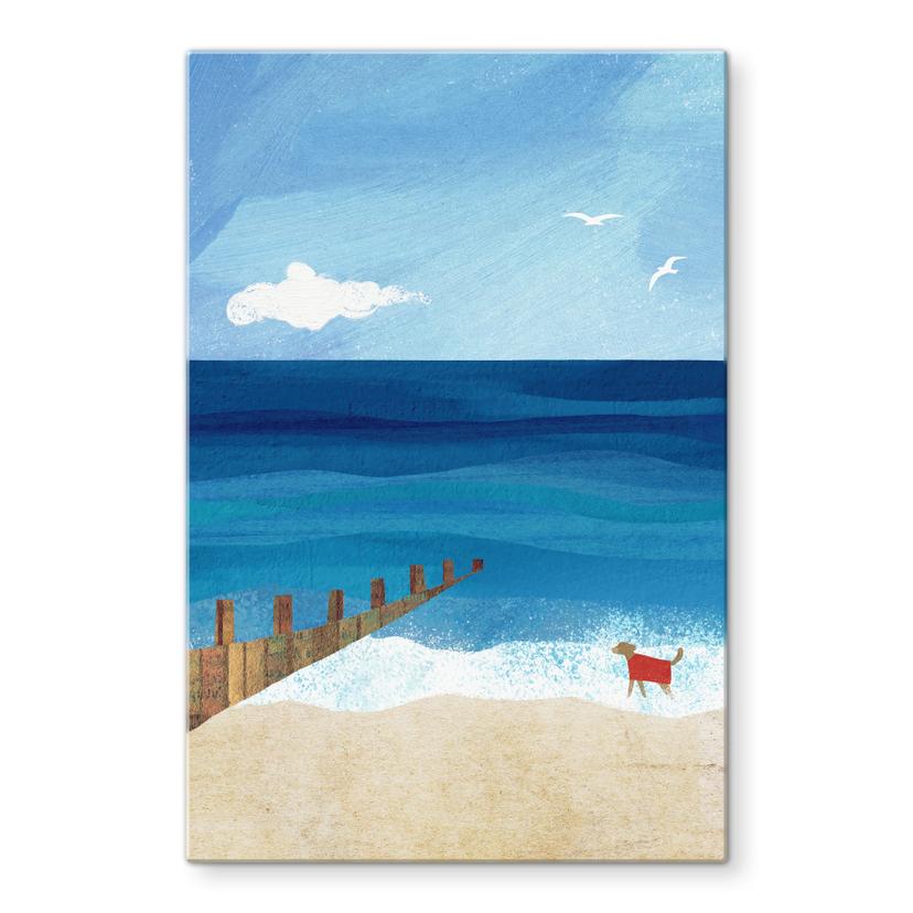 Glazen schilderij Zomerstrand met hond aan zee - Rivers