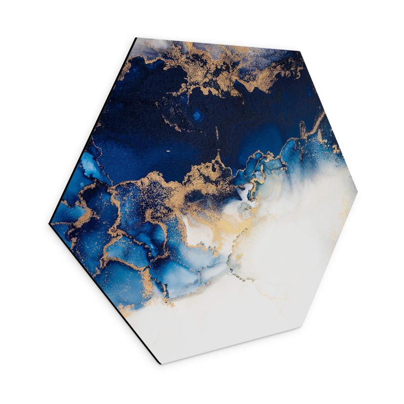 Hexagone - alu-Dibond Marbre abstrait avec effet bleu et or
