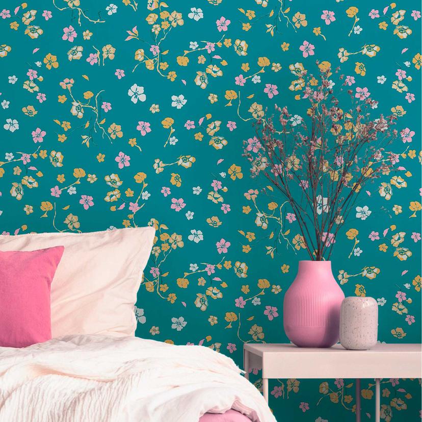 Blomstertapet blågrøn - naturbevarende tapet - tapet med blomsterdesign