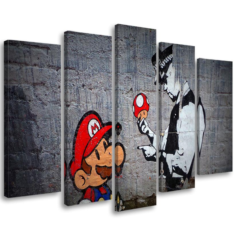 5 stykke lærredstryk, Banksy Mario Graffiti