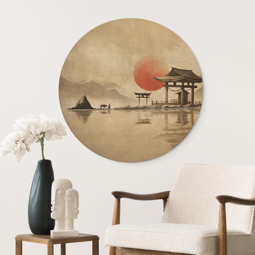 Stampa su legno di un tempio giapponese all'alba - Roze - Round