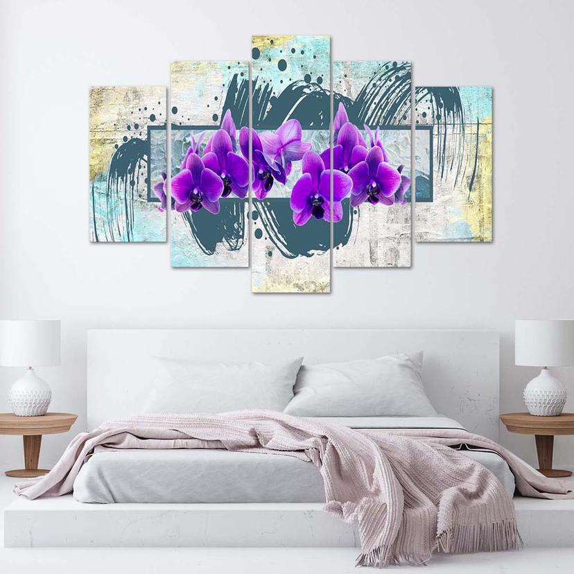 Stampa su tela 5 pezzi, Astrazione viola orchidee