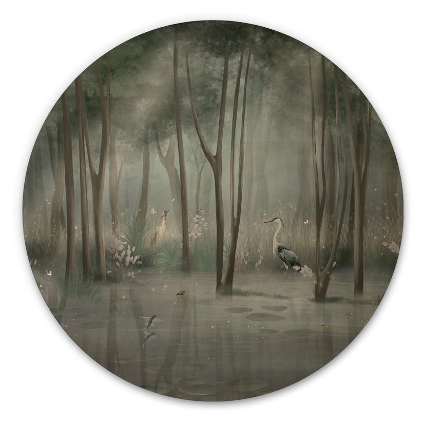 Houten Wanddecoratie wolkenbos aan het meer met reiger in het groen - Ms Tiff - Rond