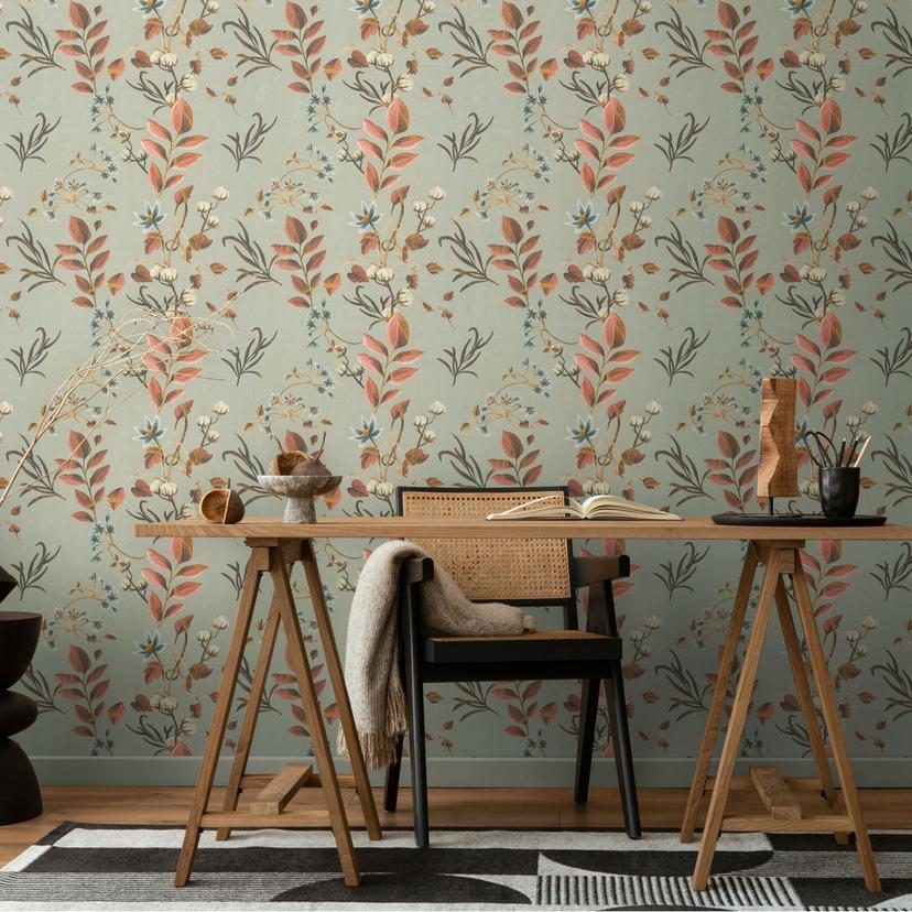 Papier peint floral avec feuilles vert terracotta - motif naturel avec rinceaux - papier peint intissé