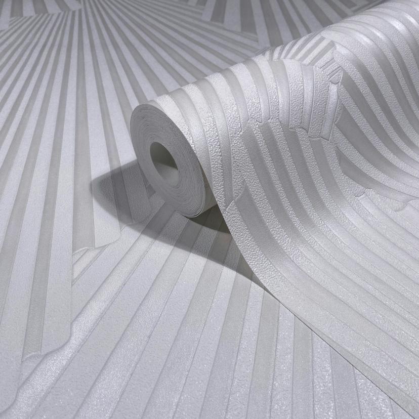 Papel pintado no tejido aspecto 3D, rayas gráfico geométrico en blanco