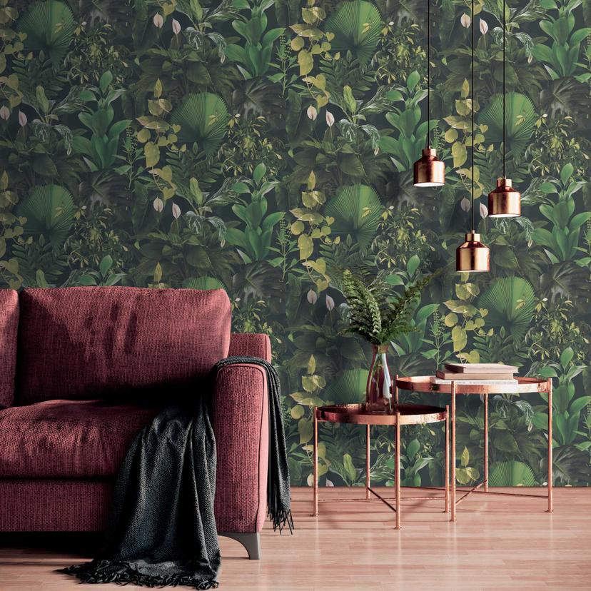 Papel pintado selva verde negro - Papel no tejido con hojas tropicales - Papel pintado vegetal