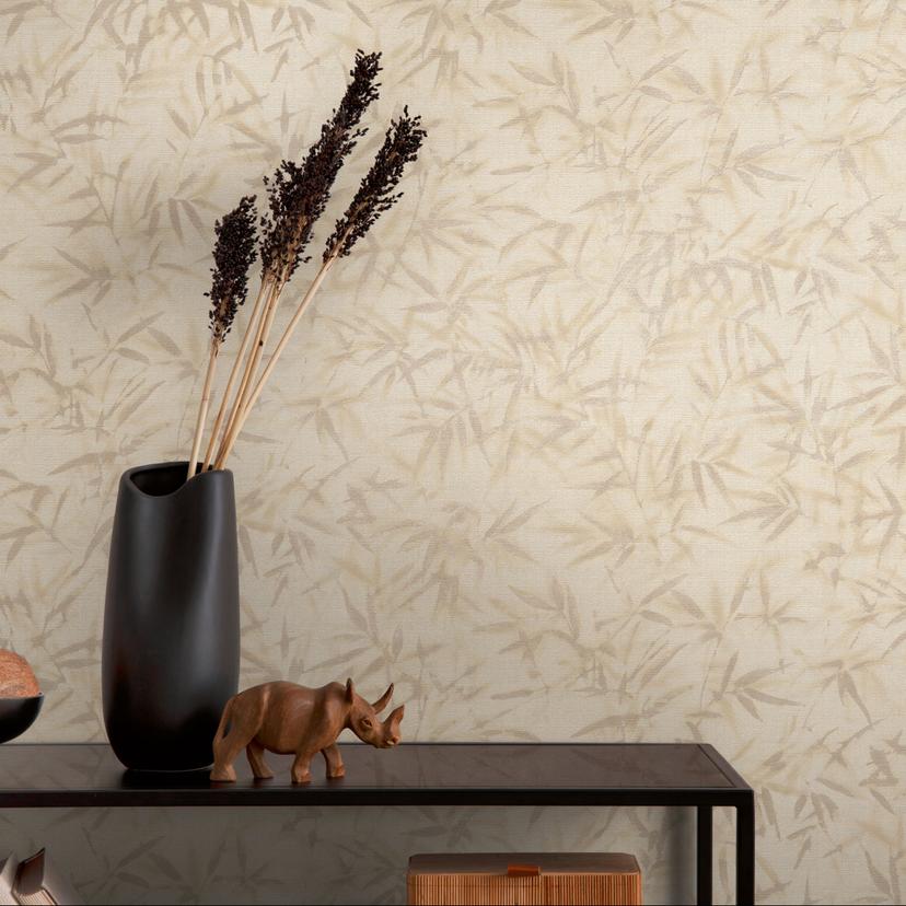 Blade tapet beige brun - subtilt tapet med mønster med bambuslook - Ikke-vævet tapet