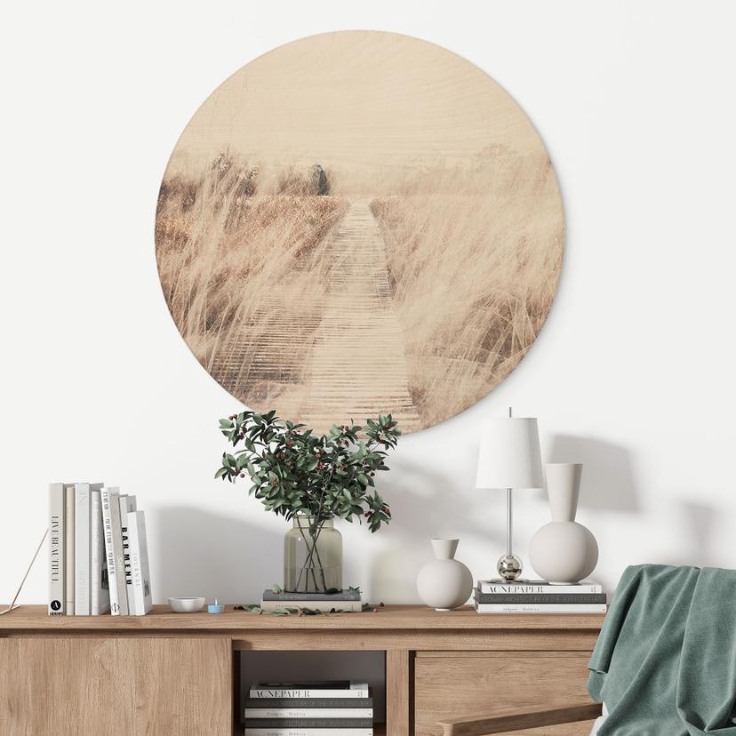 Cuadro de madera Paisaje de ensueño con pasarela de madera - Imaginativo - Redondo