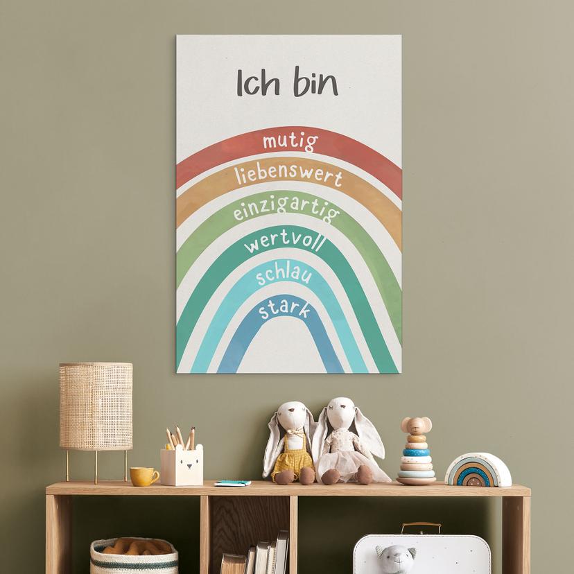 Alu-Dibond Wandbild mit Regenbogen - Bestärkungen wie 'mutig, liebenswert, wertvoll' für Kinder
