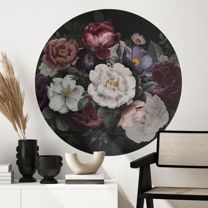 Vinilo decorativo de naturaleza muerta floral en estilo Redouté - Bloomery Decor - Redondo