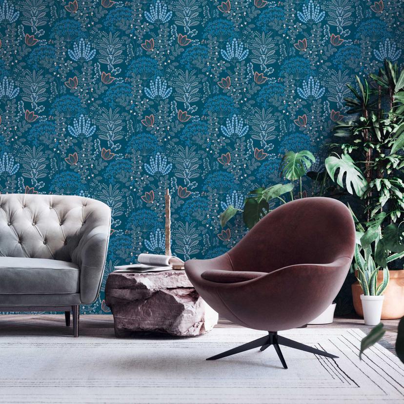 retro blomstret tapet blå hvid - blomstret non-woven tapet med blade