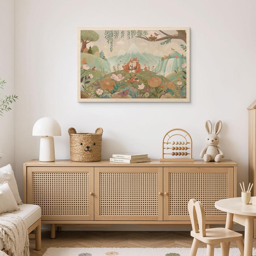 Holzbild Fuchs Familie auf der Blumenwiese - Oliver Robins