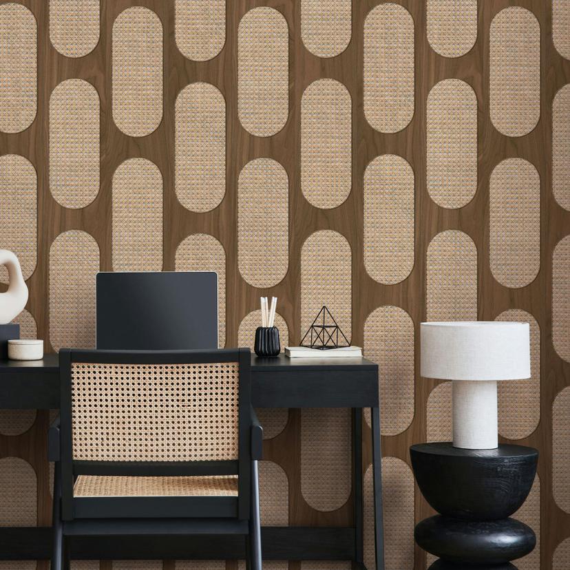 Non-woven tapet i brun beige trælook tekstur træ geometrisk