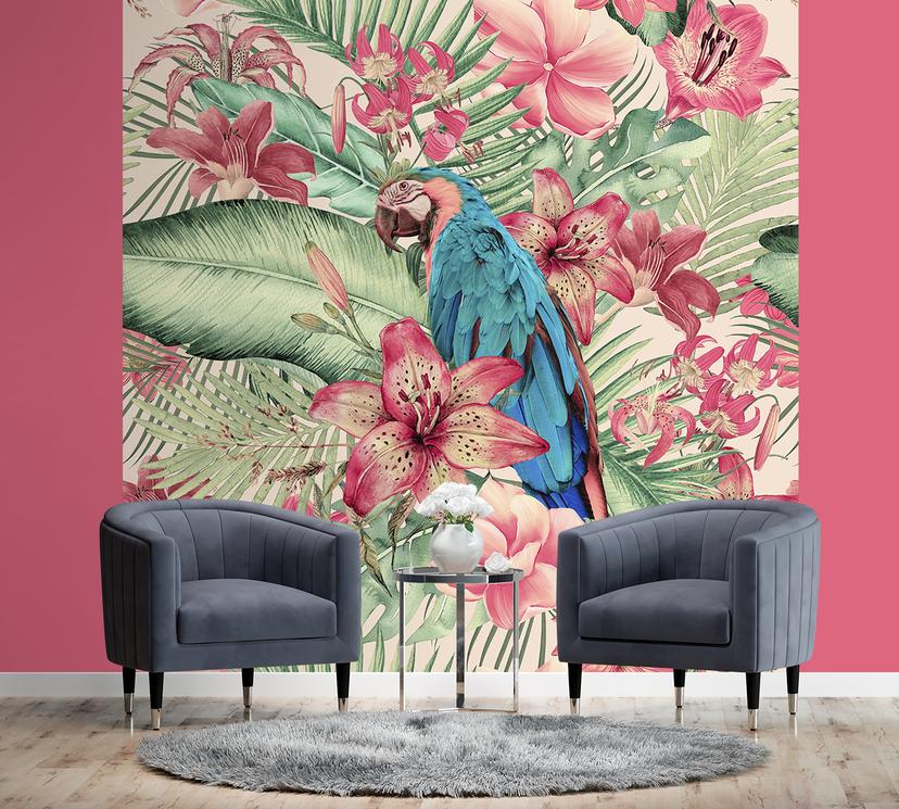Fototapete, Exotische Papagei zwischen rosa Blättern - Andrea Haase