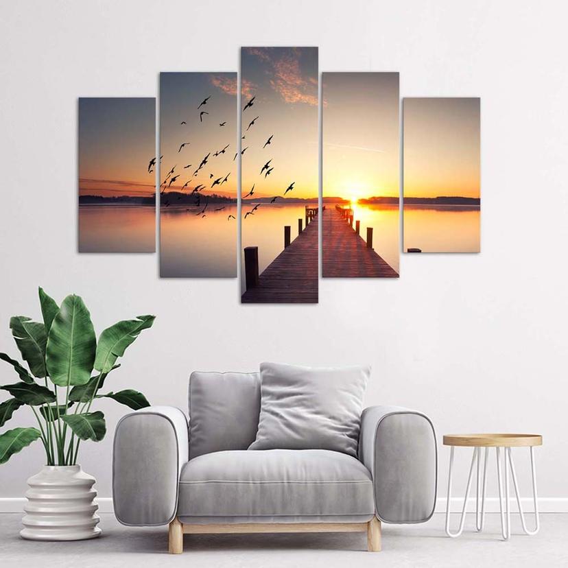 Stampa su tela 5 pezzi, Jetty Birds Sunset