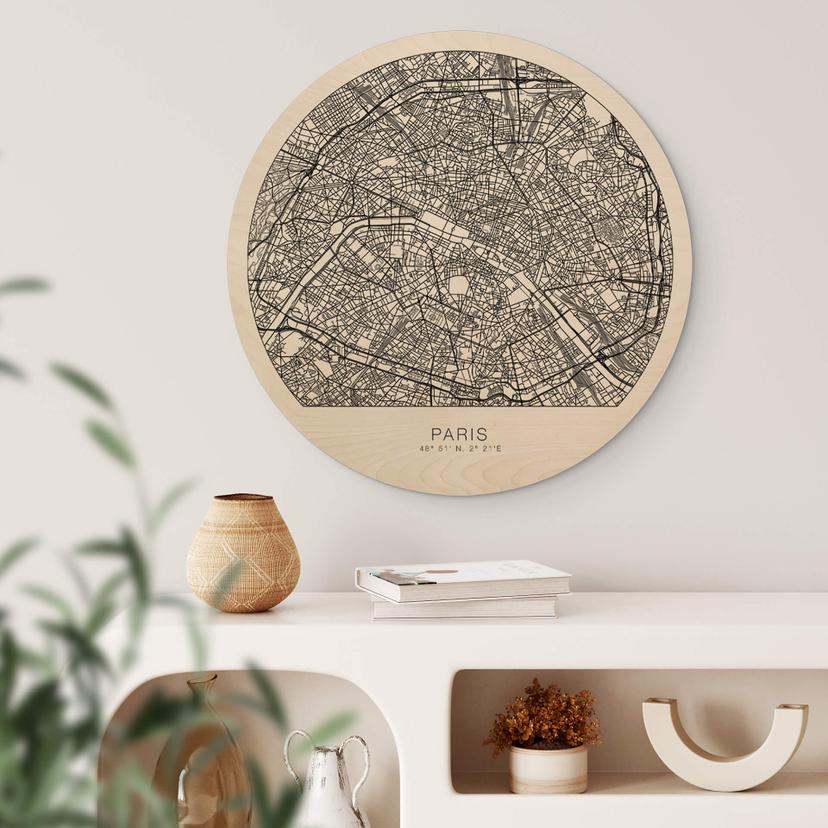 Wandcirkel Hout Kaart van Parijs