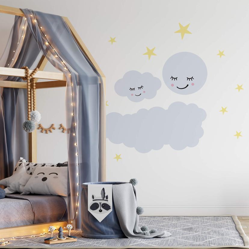 Muursticker Sterren met Slapende Maan en Wolken
