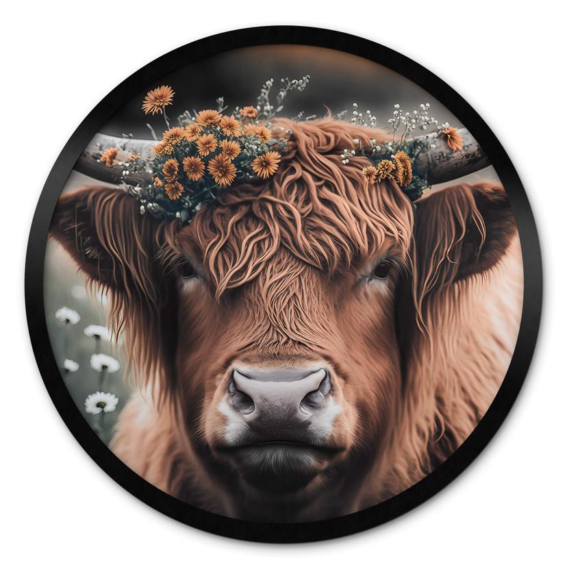 Póster Treechild - Vaca de las Highlands con corona de flores - Redondo