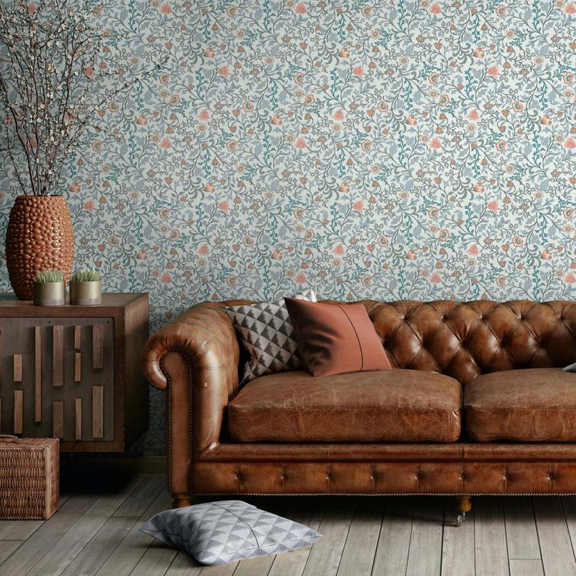 Papel pintado no tejido flores, motivo hoja naturaleza floral en azul