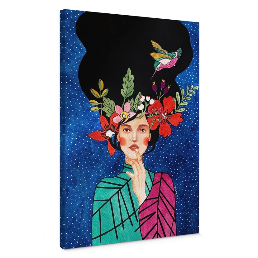 Lienzo Mujer con colibrí en la noche estrellada - Hülya