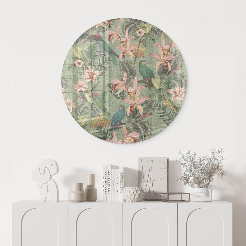Stampa su vetro Jungle con pappagalli verde - Decorazione floreale - Rotondo