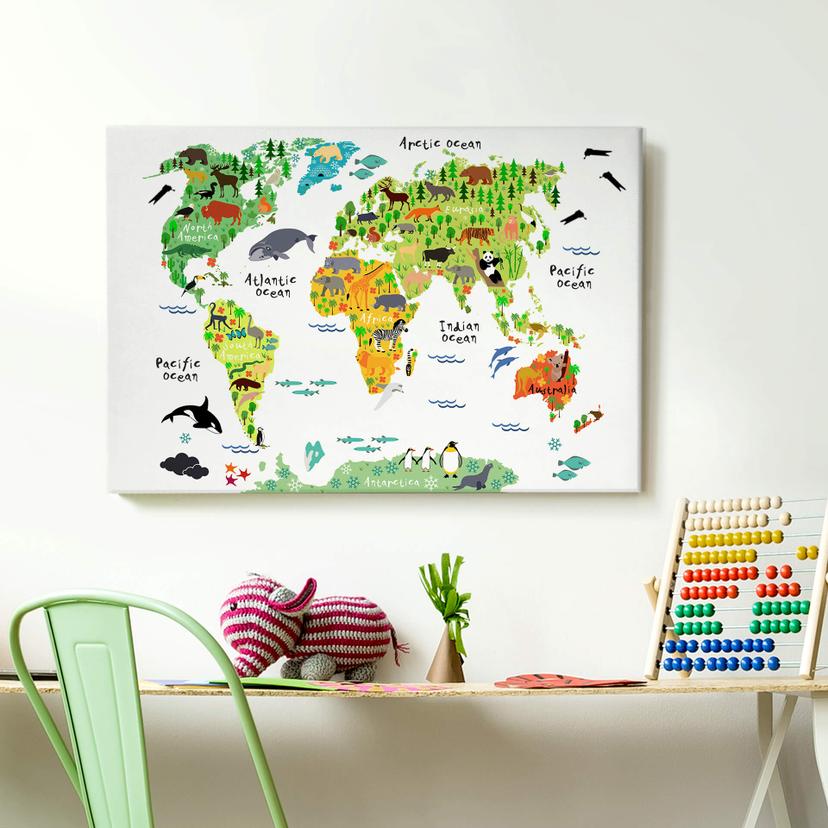 Canvas schilderij met speld achterkant - Wereldkaart van dieren