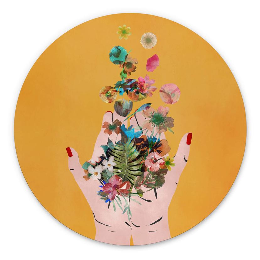 Vægcirkel Treechild - Colorful flowers in Frida's hands – print på aluminium (Alu-Dibond)