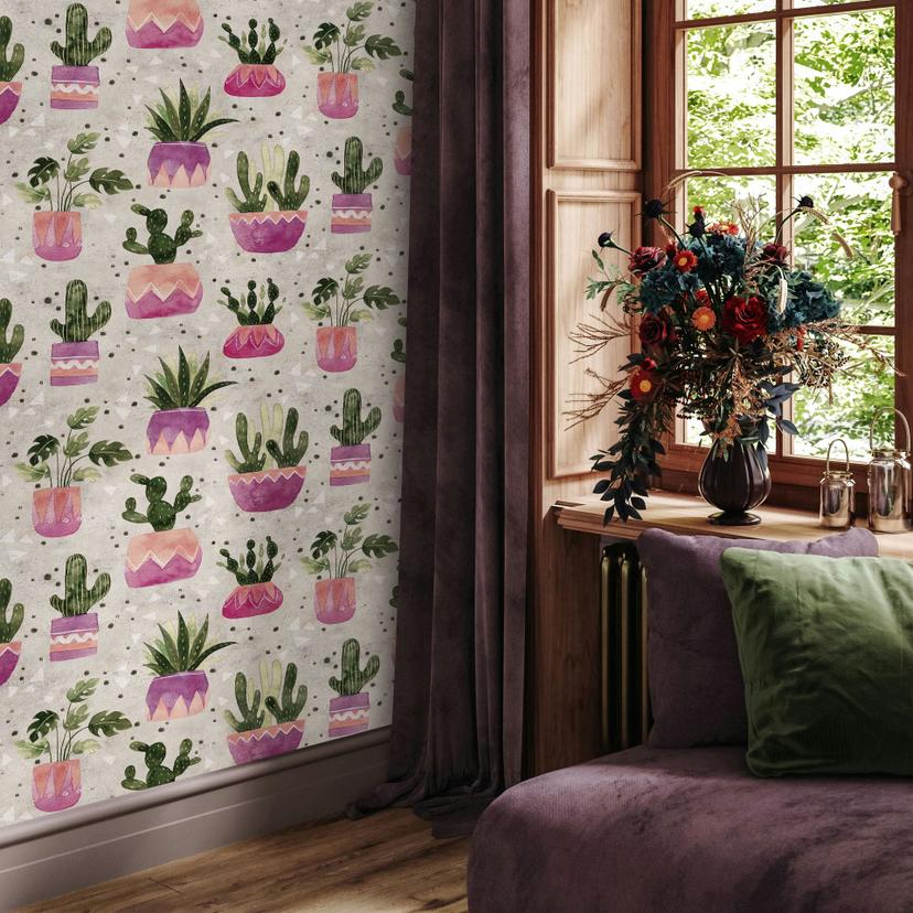 Non-woven tapet i grå grøn lilla blomster planter blomster natur moderne