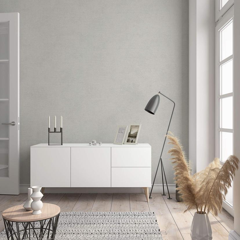Non-woven tapet med moderne monokromt look og struktur i grå, beige ensfarvet