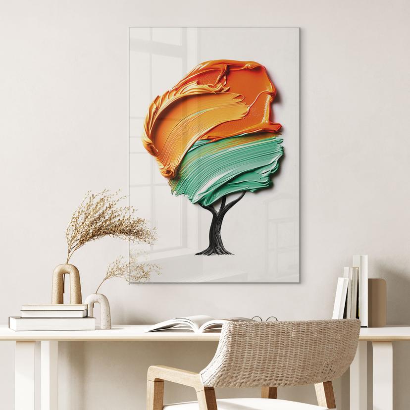 Tableau en verre acrylique Arbre avec couronne 3D orange et verte - Mielu