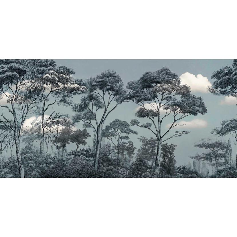 Carta da parati mistica della foresta di nuvole - cime degli alberi in grigio-blu - tessuto non tess