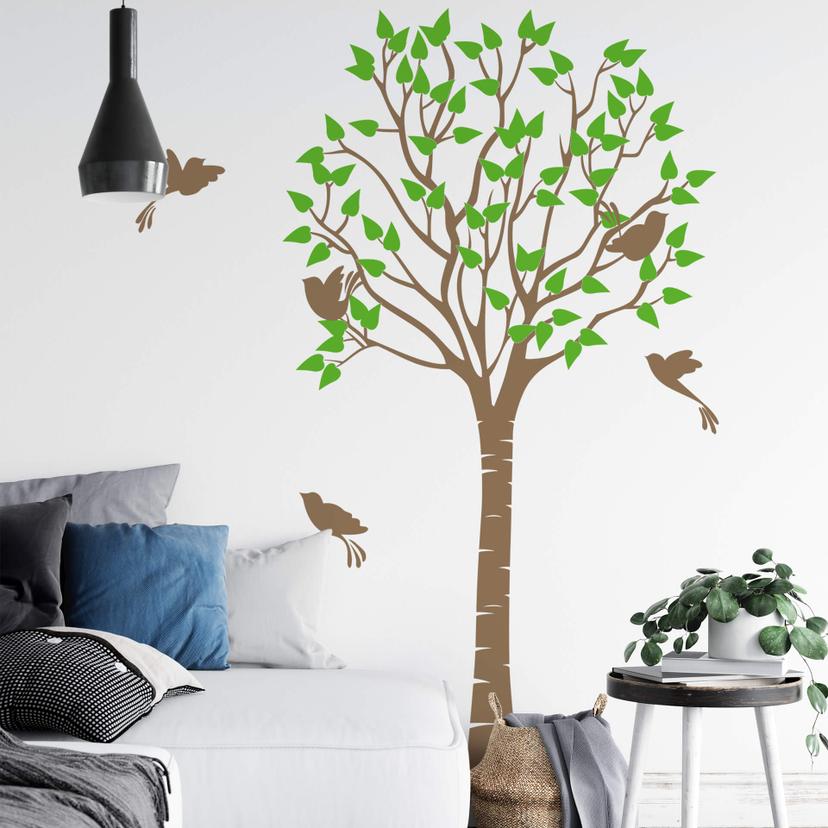 Sticker mural bicolore - Arbre fin aux oiseaux