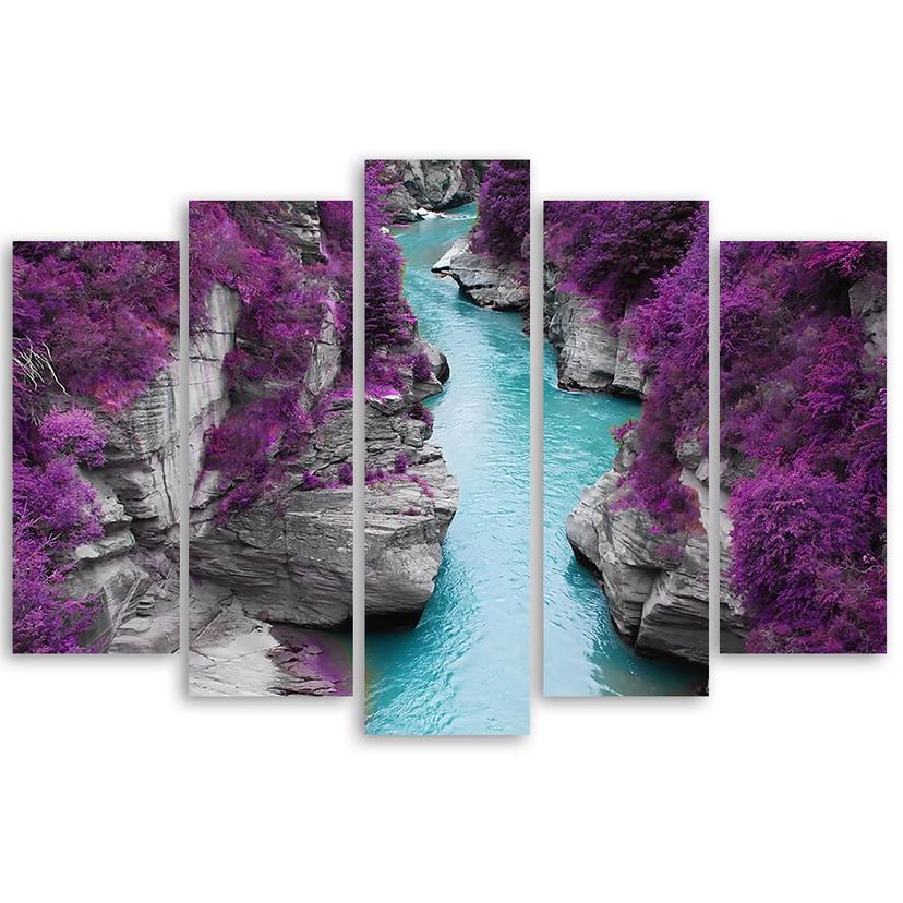 Stampa su tela 5 pezzi, flusso di paesaggio viola