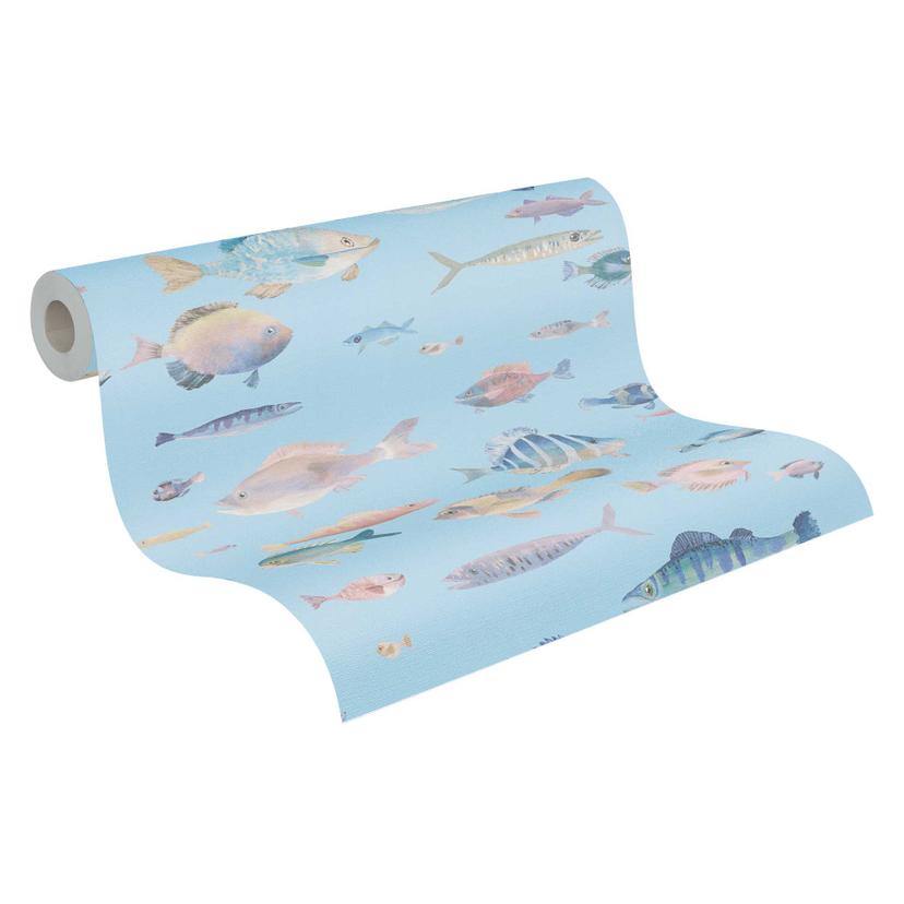 Papel pintado marítimo pez azul claro - Papel no tejido con motivo submarino - Papel pintado para ni