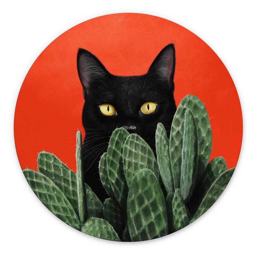 Tableaux Chat noir caché dans les cactus Rond - Korenkova