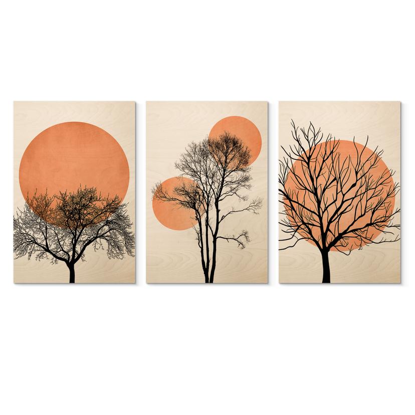 Stampa su legno Set Kubistika - Tramonto caldo nei colori della pesca (3 pezzi)
