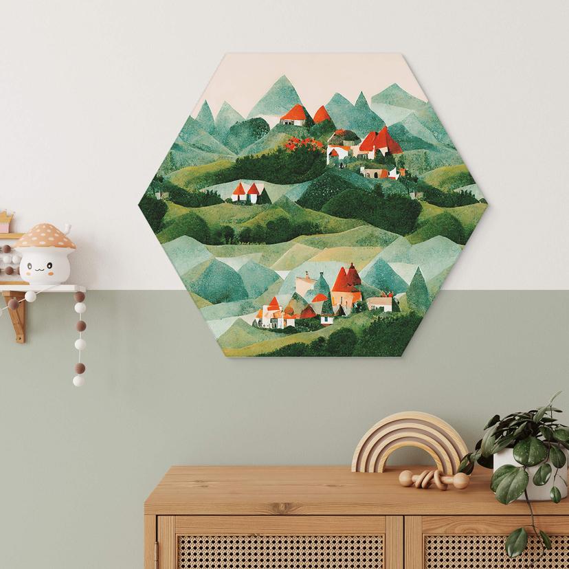 Hexagon Dibond Treechild - Small village in the middle of green hills