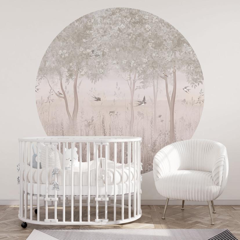 Fotobehang kinderkamer zomerzwaluwen in een bos bloemen - Ms Tiff - rond - zelfklevend/niet-geweven