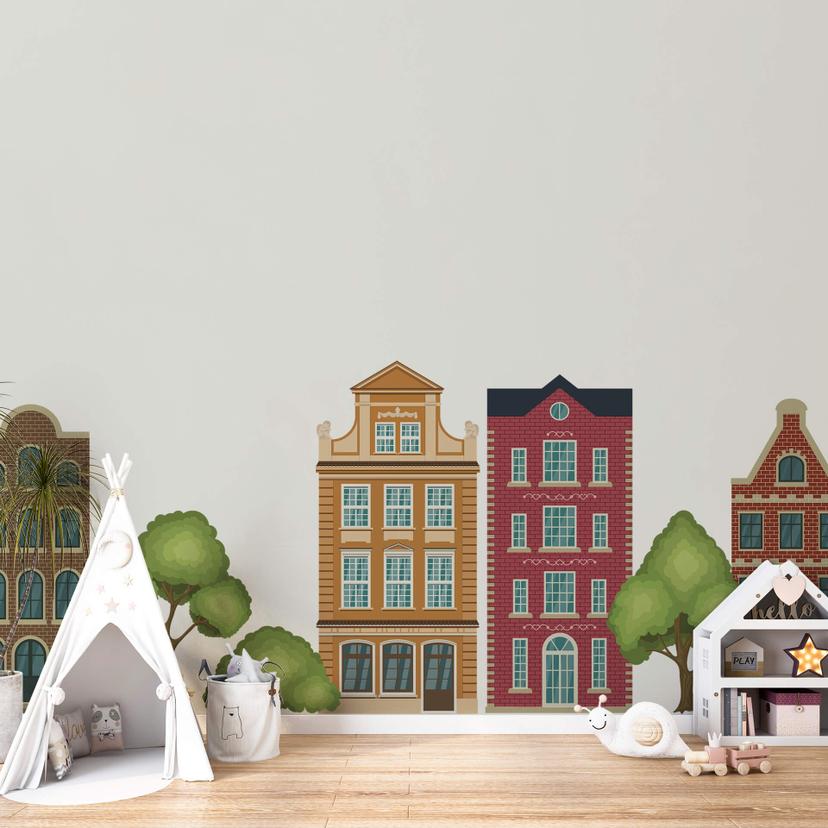 Wallsticker Farverige huse sæt 01 (7 dele)