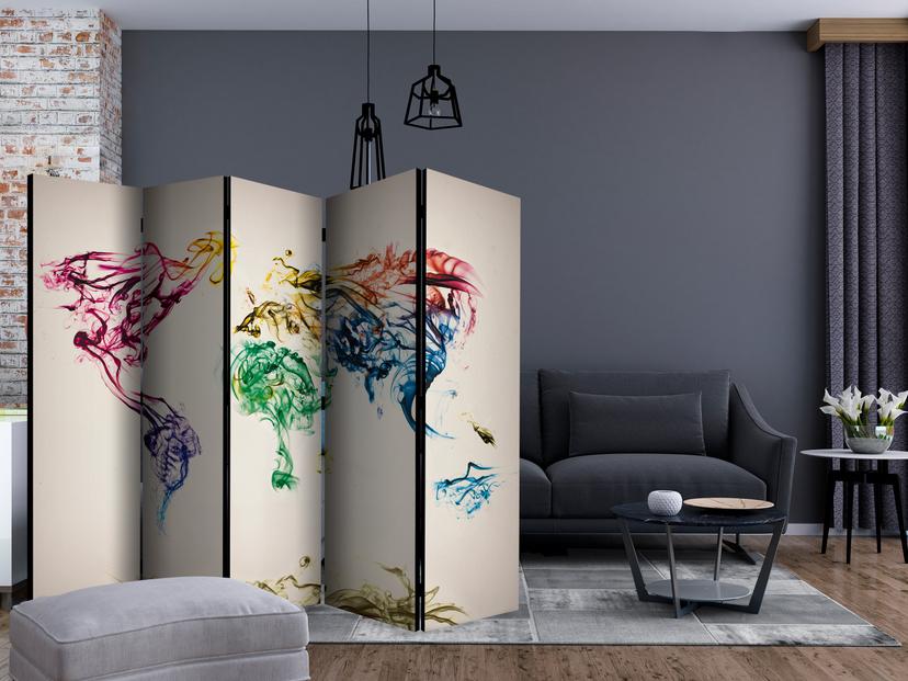 Schermo divisorio - Mappamondo - Nuvole di fumo danzanti , 5 pezzi - 225x172 cm