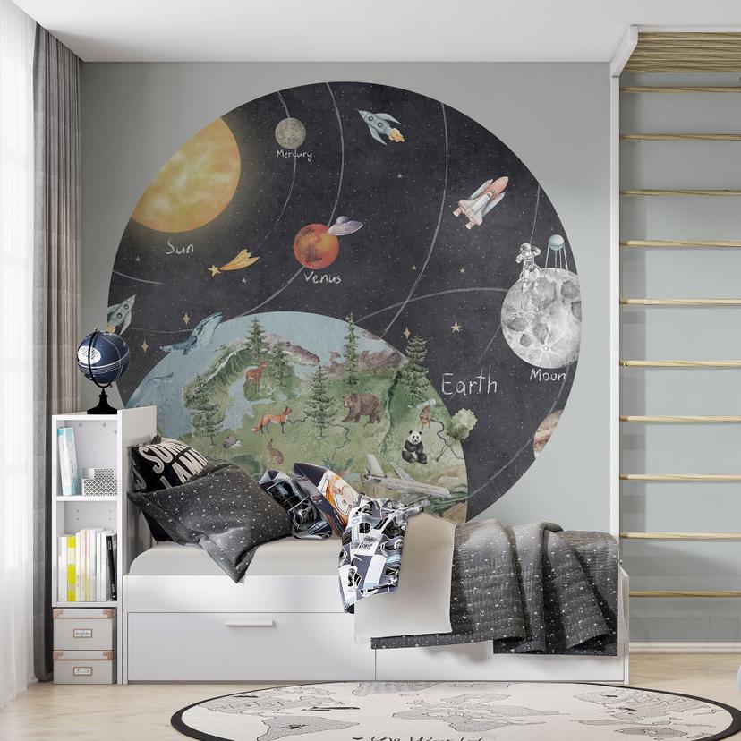 Fotobehang voor kinderen zonnestelsel met planeten en aarde - Ms Tiff - Rond - Zelfklevend/niet-gewe
