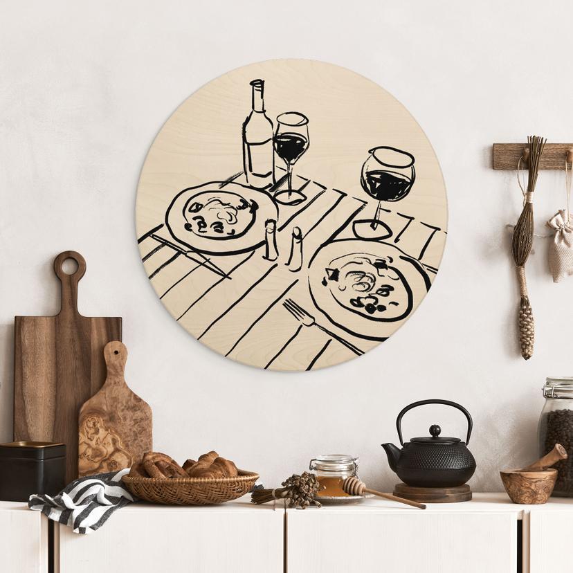 Houten Wanddecoratie stilleven diner met wijn - Treechild - Rond