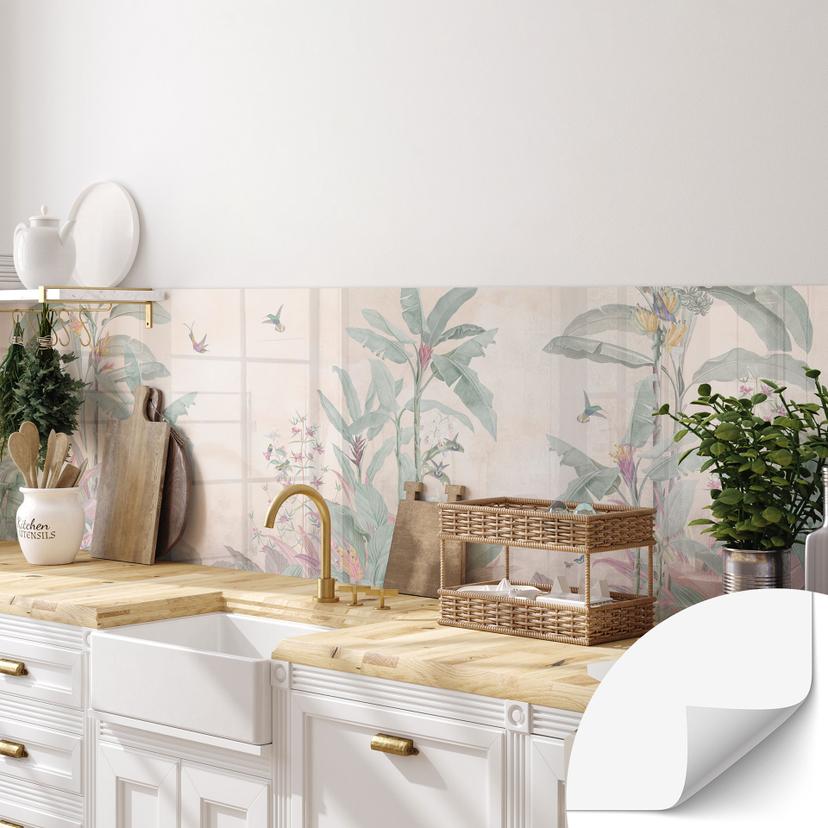 Selvklæbende stænkplade til køkken Tropisk idyl med kolibri abrikos - Bloomery Decor