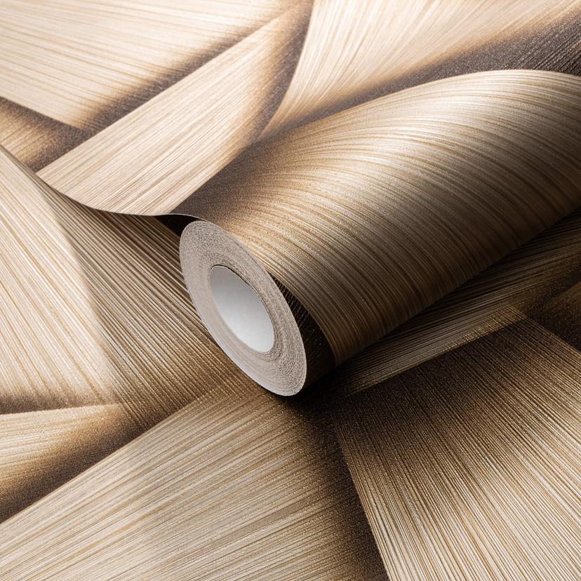 Non-woven tapet med geometriske former og metallisk effekt i guld