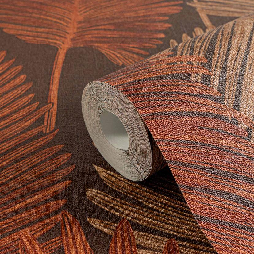 Papel pintado Hoja de palma marrón óxido rojo - estampado de hojas tropicales - papel pintado no tej