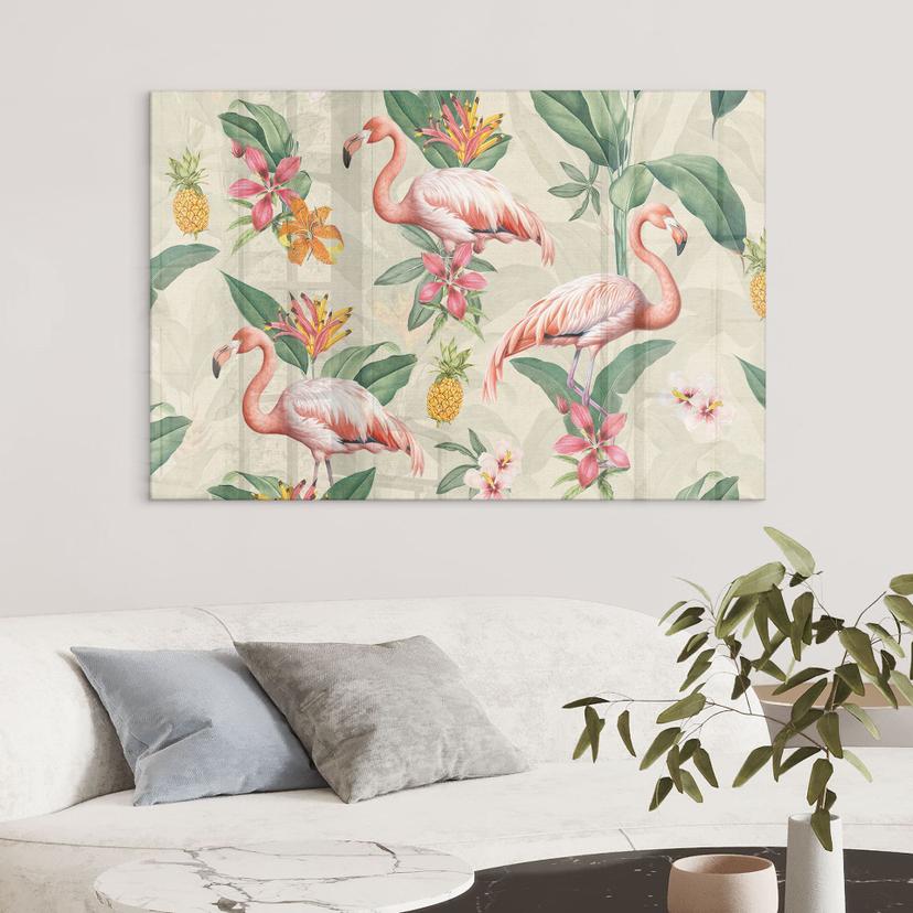 Tableau en verre acrylique Flamant rose et feuillage tropical - Bloomery Decor
