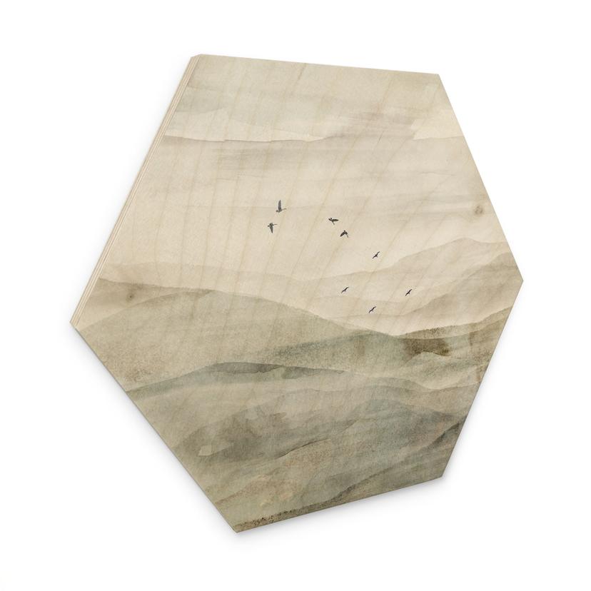 Houten Wanddecoratie mistig berglandschap aquarel - Ms Tiff