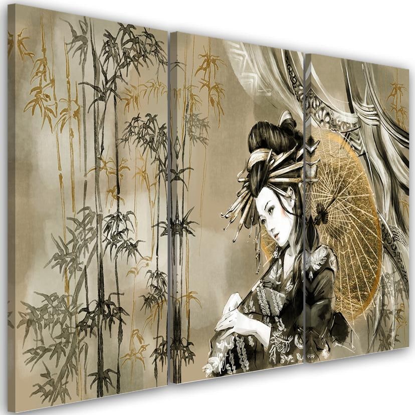 Impression sur toile en 3 parties, geisha et bambou