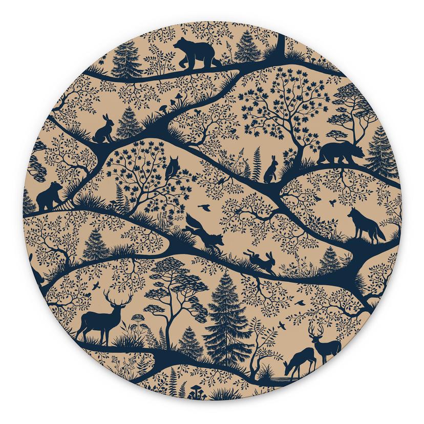 Wanddecoratie Dierensilhouetten in het Noordse Bos - Oliver Robins - Alu-Dibond - Rond