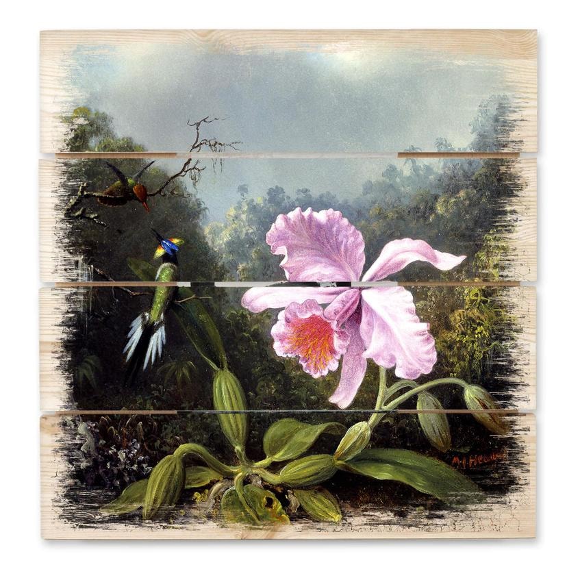 Cuadro de madera Heade - Naturaleza muerta con orquídea y colibríes - 40x41,5 cm